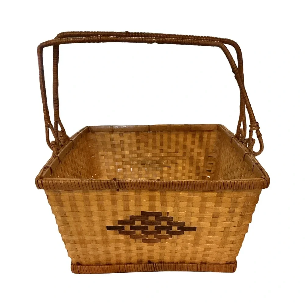 Vintage Woven Wood Splint Picnic Basket Dual Swing Handles Brown Diamond 12x9x4
